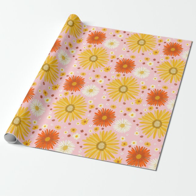 Happy Daisies Colourful Pattern Wrapping Paper (Unrolled)