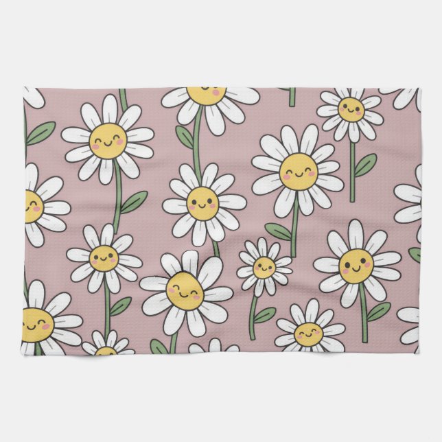 Happy Daisies Pattern - Cute Floral Design Tea Towel (Horizontal)