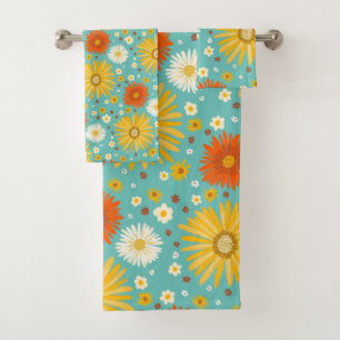 Happy Daisy Colourful Pattern Daisies Blue Bath Towel Set