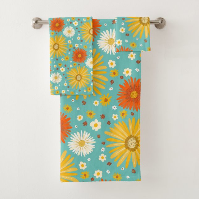 Happy Daisy Colourful Pattern Daisies Blue Bath Towel Set (Insitu)