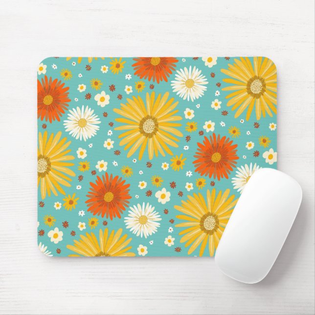 happy Daisy Flower Pattern Blue Mouse Mat (With Mouse)