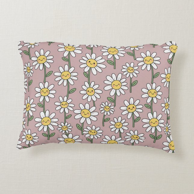Happy Daisy Smiles Pink Floral Pattern Decorative Cushion (Back)