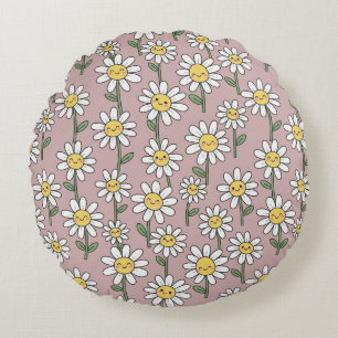 Happy Daisy Smiles Pink Floral Pattern Round Cushion