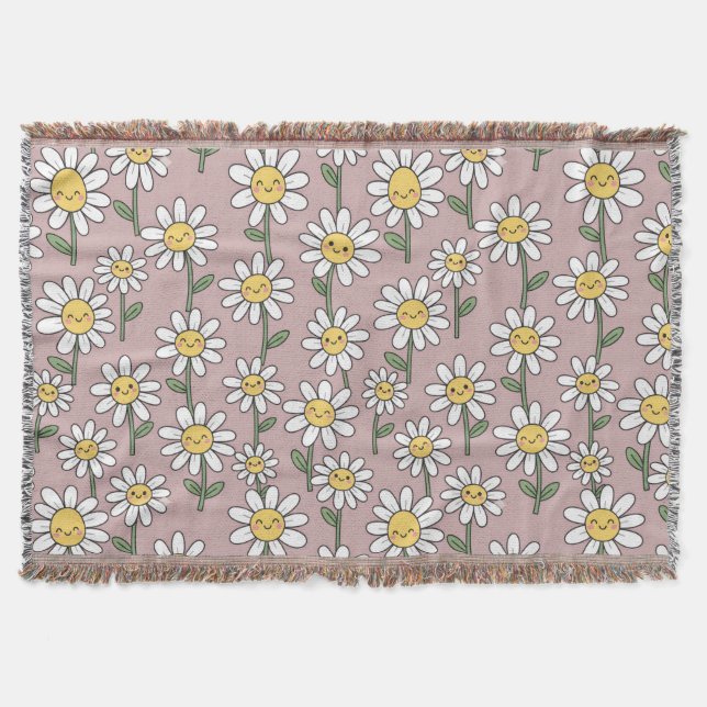 Happy Daisy Smiles Pink Floral Pattern Throw Blanket (Front)
