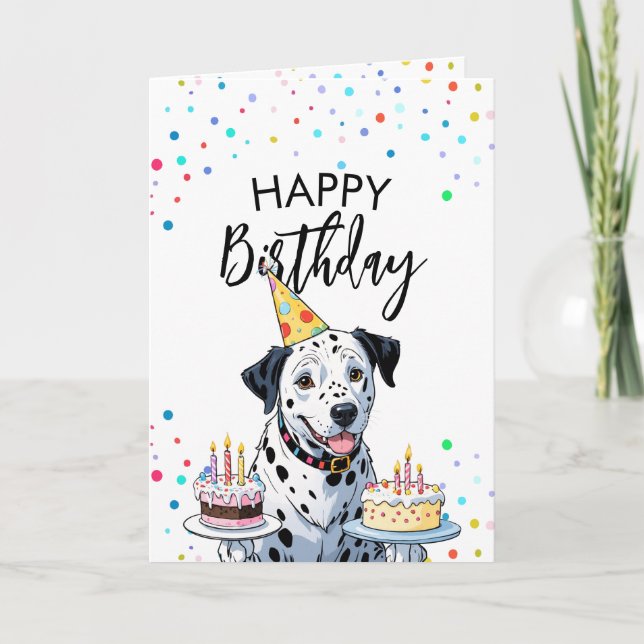 Happy Dalmatian Dog holding Cakes Birthday Card (Front)