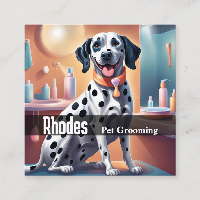 Happy Dalmatian Dog Pet Grooming Servies Pet Care  Square Business Card (Front)