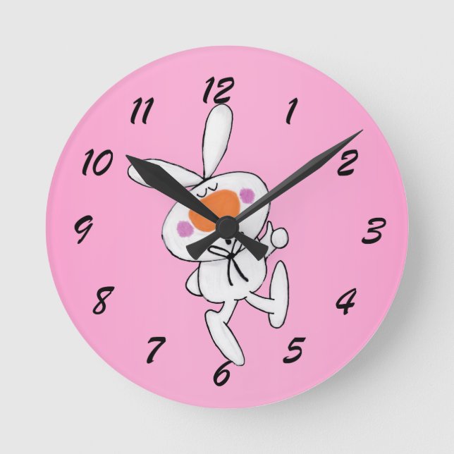 Happy Dancing Cute Cartoon White Rabbit Bunny Round Clock (Front)