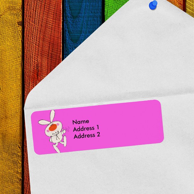 Happy Dancing Cute White Rabbit (Cartoon white bunny thumbs up sign bow tie on bright pink return address labels.)