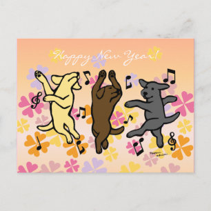 Happy Dancing Labrador Trio Cartoon Floral Holiday Postcard