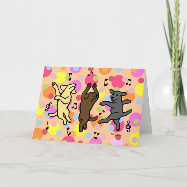 Happy Dancing Labrador Trio Cartoon Polka Dot Card (Front)
