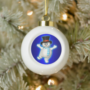 Happy Dancing Snowman on Blue Ceramic Ball Christmas Ornament
