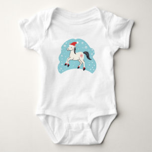 Happy Dancing White Christmas Horse with Santa Hat Baby Bodysuit