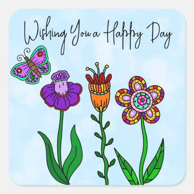 Happy Day Pretty Flowers Square Sticker (Front)