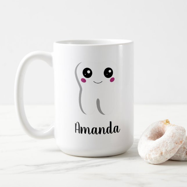 Happy Dental Tooth Smiling Cute Coffee Mug (With Donut)