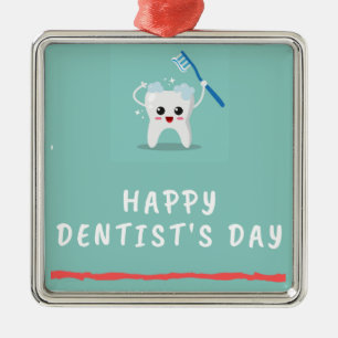 Happy dentist's day white text teal metal tree decoration