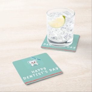Happy dentist's day white text teal square paper coaster