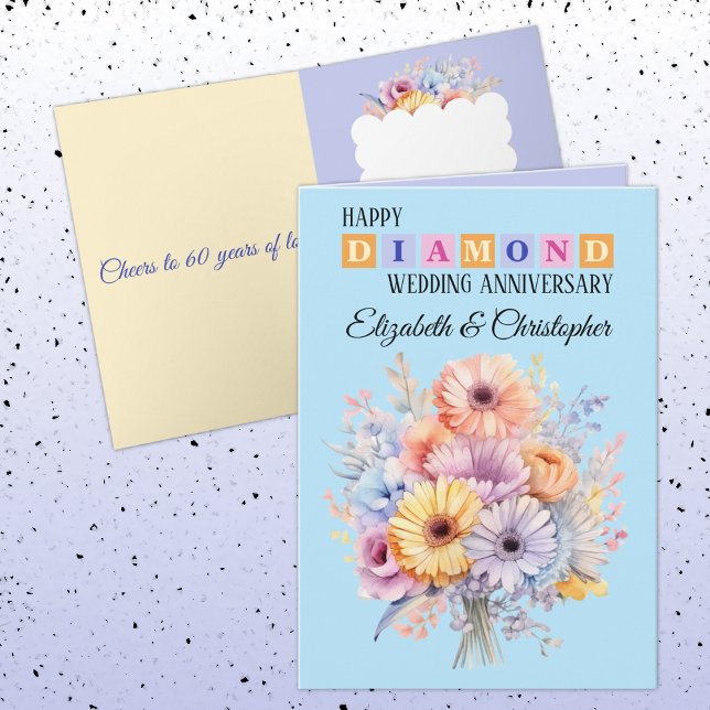 Happy Diamond Anniversary names flowers blue Card (Creator Uploaded)