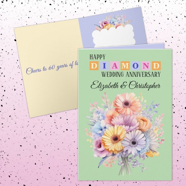 Happy Diamond Anniversary names flowers green Card (Creator Uploaded)