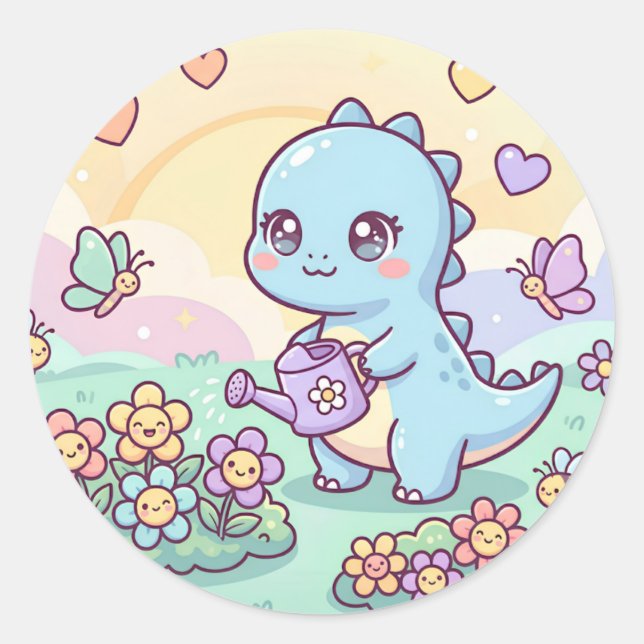 Happy Dino Garden Classic Round Sticker (Front)