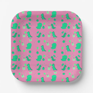 Happy Dinomight Birthday green pink Paper Plate