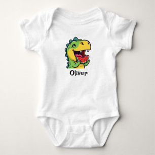 Happy Dinosaur Eating Watermelon Baby Bodysuit