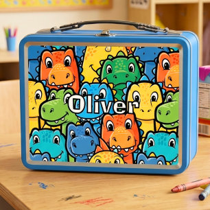 Happy Dinosaur Faces Crowded Pattern Metal Lunch Box