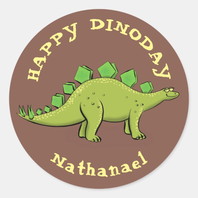 Happy dinosaur stegosaurus cartoon classic round sticker (Front)
