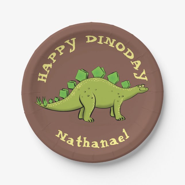 Happy dinosaur stegosaurus cartoon paper plate (Front)