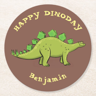 Happy dinosaur stegosaurus cartoon round paper coaster