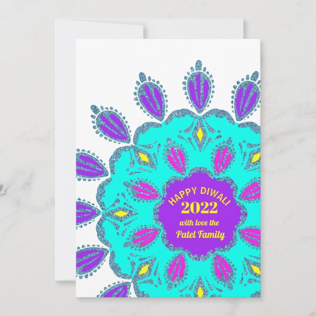 Happy Diwali 2022 Purple Pink Blue Glitter Ragnoli Holiday Card (Front)