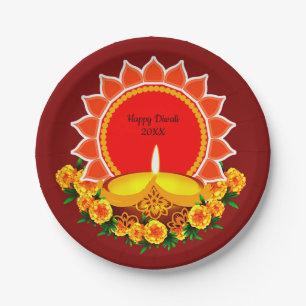 Happy Diwali 20xx Add Year or Text  Marigolds 7" Paper Plate