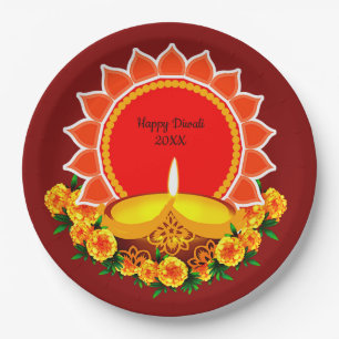 Happy Diwali 20xx Add Year or Text  Marigolds 9" P Paper Plate