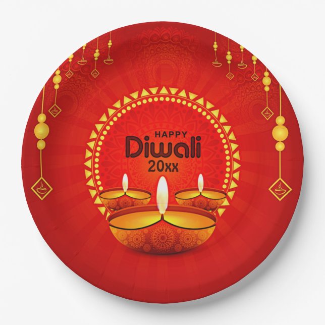 Happy Diwali 20xx Add Year or Text  Red Yellow 9" Paper Plate (Front)
