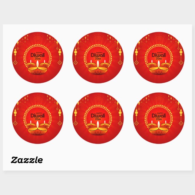 Happy Diwali 20xx Add Year or Text  Red Yellow  Classic Round Sticker (Sheet)