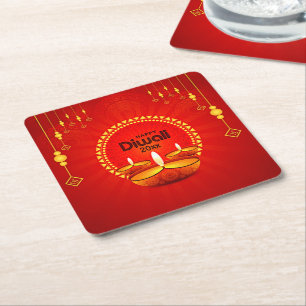 Happy Diwali 20xx Add Year or Text Red Yellow Square Paper Coaster