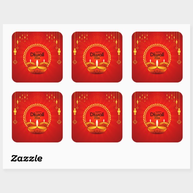 Happy Diwali 20xx Add Year or Text  Red Yellow Square Sticker (Sheet)