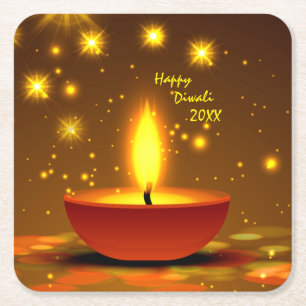 Happy Diwali 20xx Diya Yellow Flame Sparkles  Square Paper Coaster
