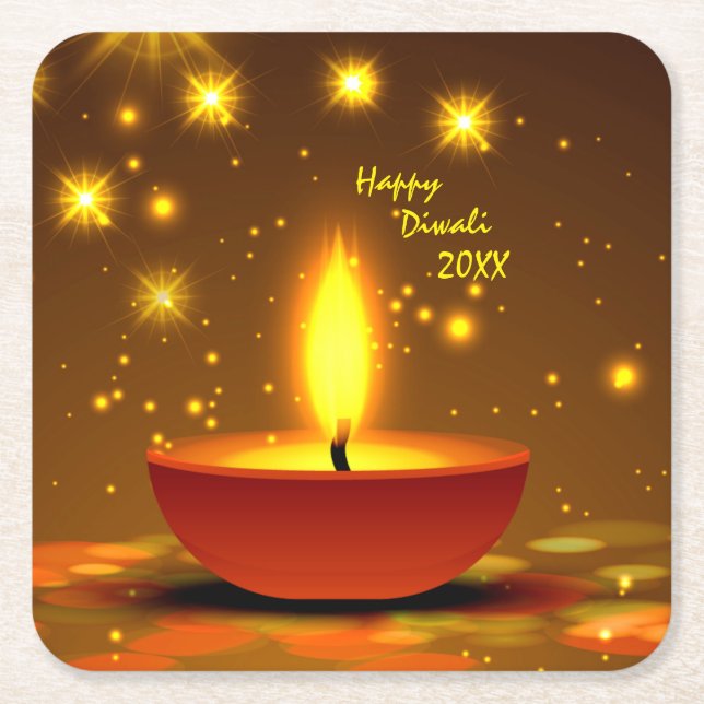 Happy Diwali 20xx Diya Yellow Flame Sparkles  Square Paper Coaster (Front)