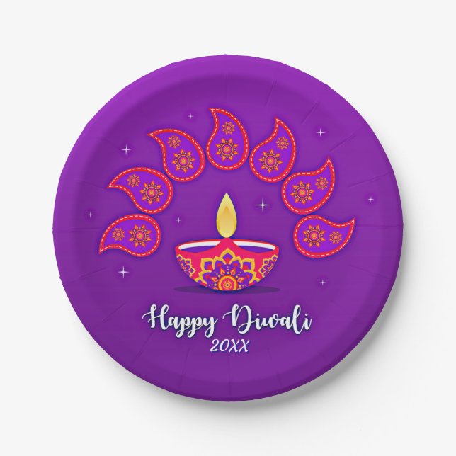 Happy Diwali Add Year 20xx Purple Yellow Red 7" Paper Plate (Front)