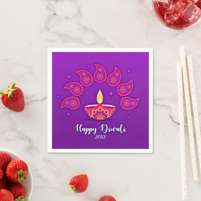 Happy Diwali Add Year 20xx Purple Yellow Red Napkin (Insitu)