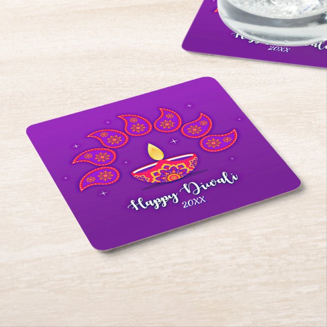 Happy Diwali Add Year 20xx Purple Yellow Red  Squa Square Paper Coaster (Angled)