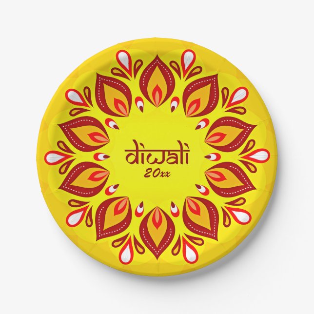 Happy Diwali Add Year Yellow Red 7" Paper Plate (Front)