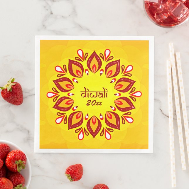 Happy Diwali Add Year Yellow Red Napkin (Insitu)