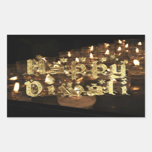 Happy Diwali Black and Gold Candlelight Stars Rectangular Sticker
