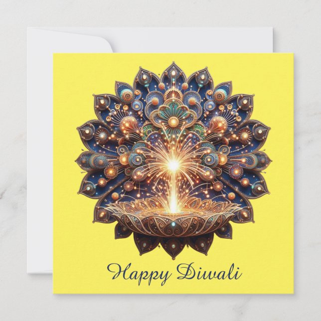  Happy Diwali Blue Gold Diya Festival of Light Holiday Card (Front)
