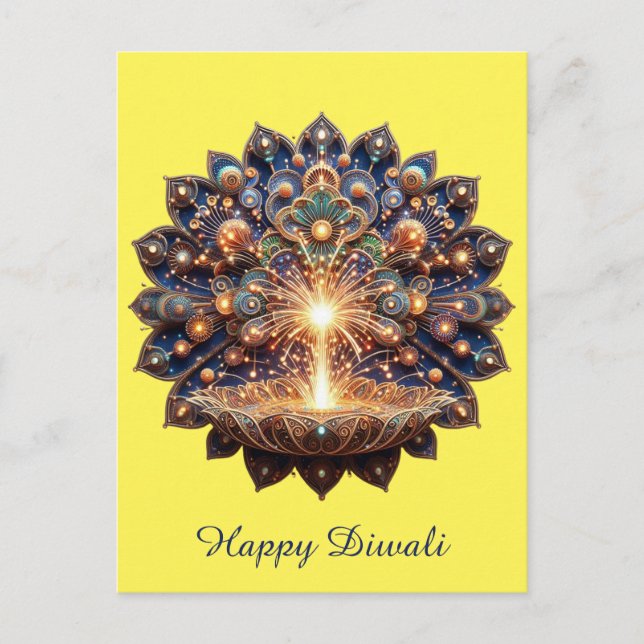  Happy Diwali Blue Gold Diya Festival of Light Holiday Postcard (Front)