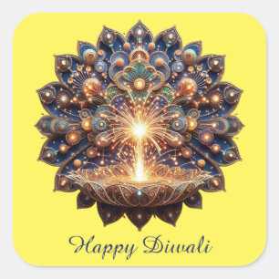  Happy Diwali Blue Gold Diya Festival of Light Square Sticker