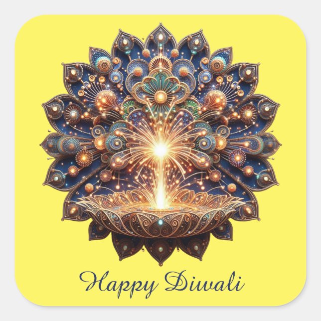  Happy Diwali Blue Gold Diya Festival of Light Square Sticker (Front)