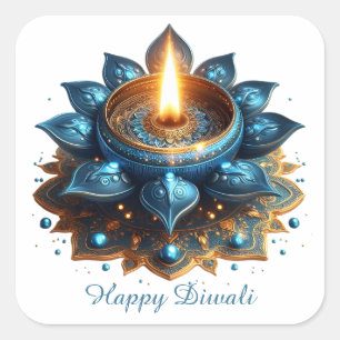 Happy Diwali Blue Gold Diya Festival of Light Square Sticker