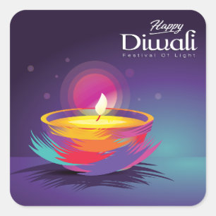 Happy Diwali Brush Stroke Diya Festival of Light Square Sticker
